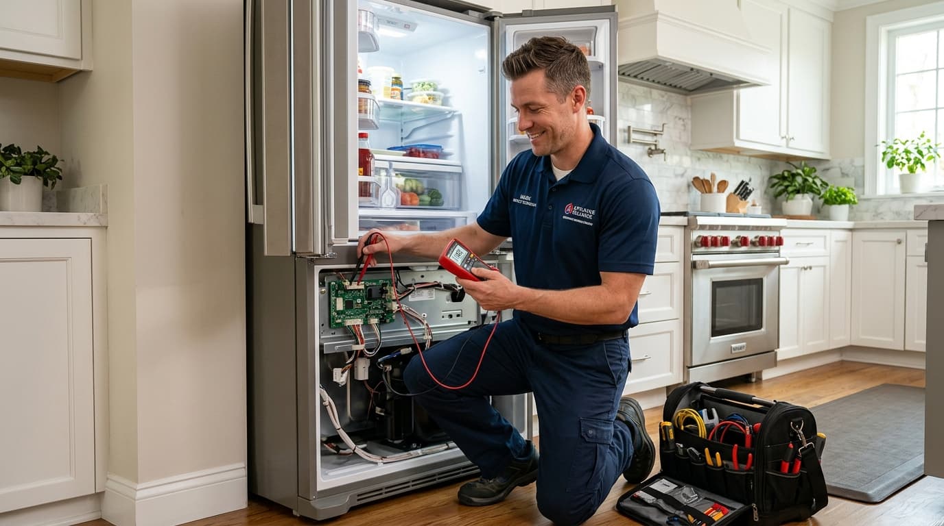 Técnico profesional de Nimont Service realizando diagnóstico certero a refrigerador en Santiago